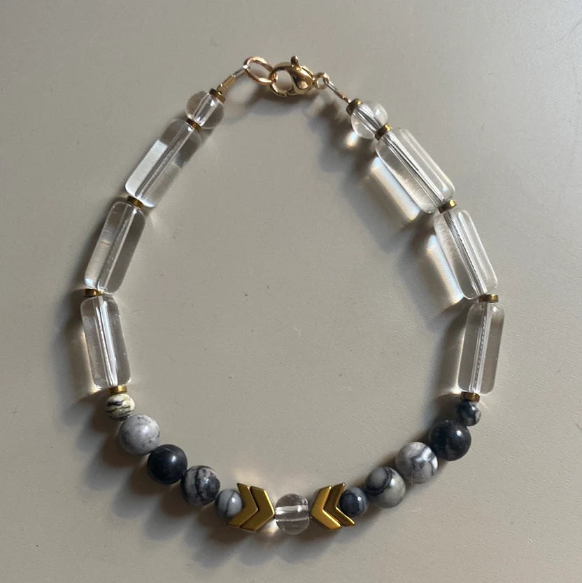Bracelet - Glass, Gold plated Hematite and Natural Black Silk Stone