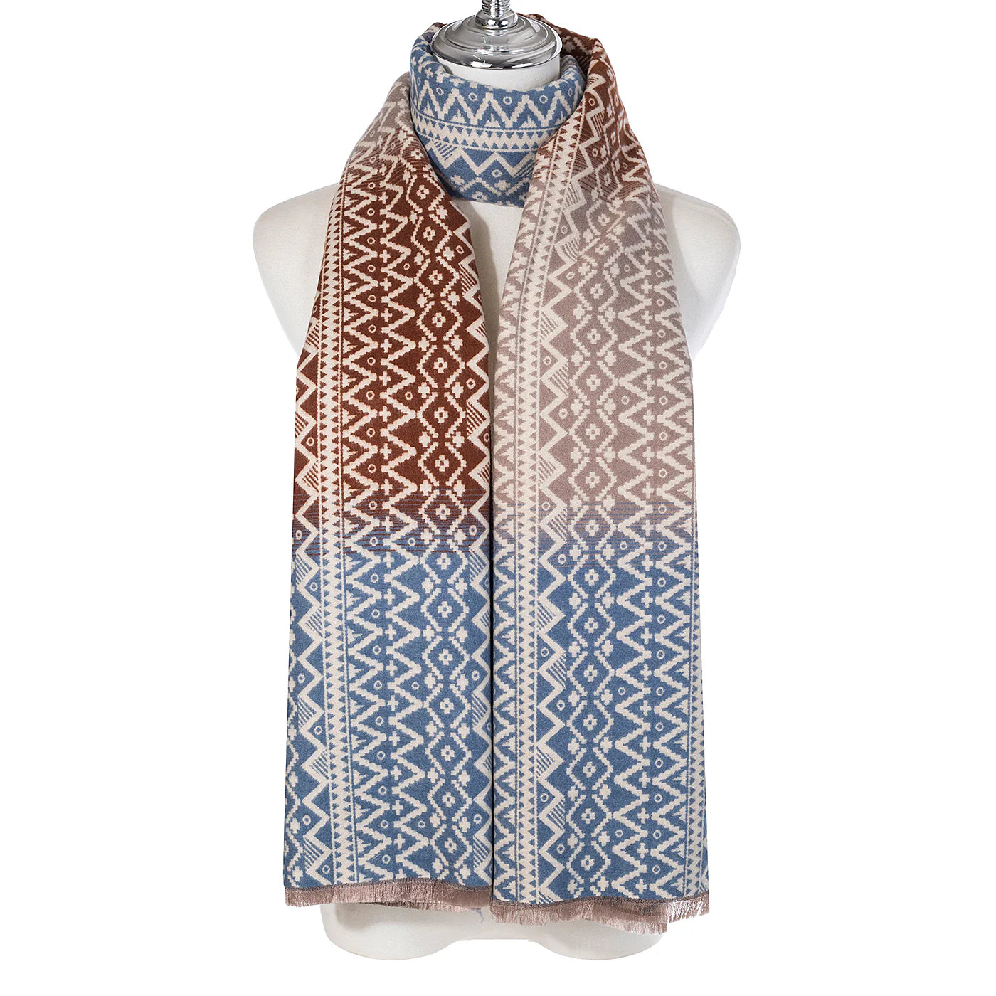 PL - Geometric Print Scarf - Blue, Beige, Brown