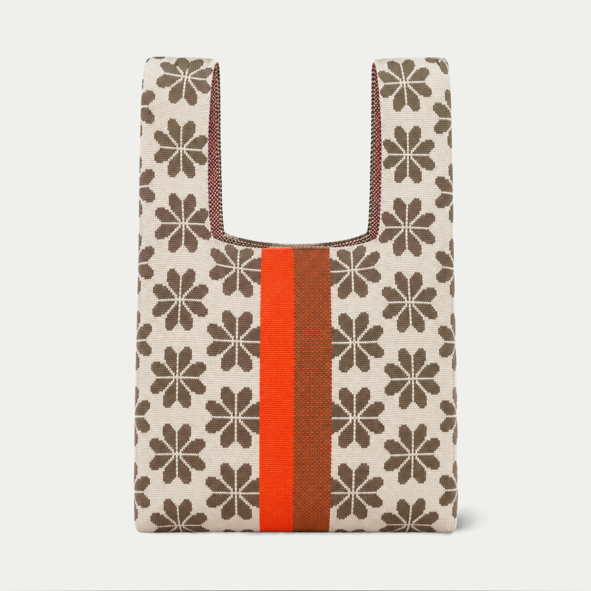 Tokeii - Floral Knitted BagTote Bag - Beige/Brown/Orange