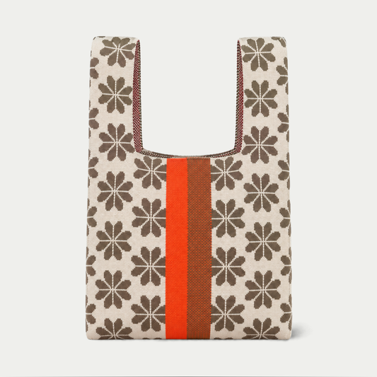 Tokeii - Floral Knitted BagTote Bag - Beige/Brown/Orange