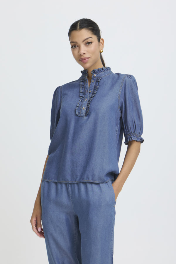 BY -  Kosmo Blouse - Mid Blue Denim