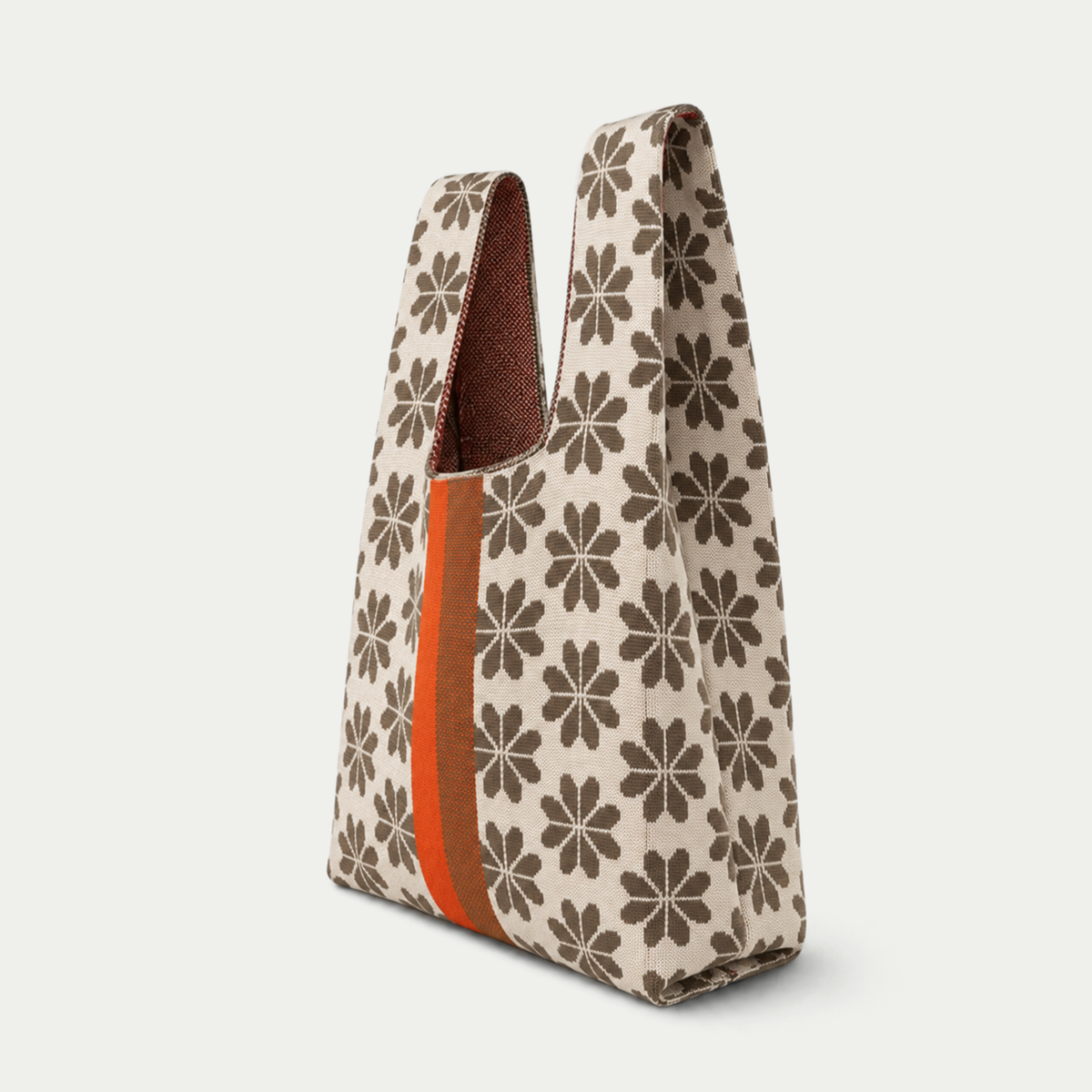 Tokeii - Floral Knitted BagTote Bag - Beige/Brown/Orange