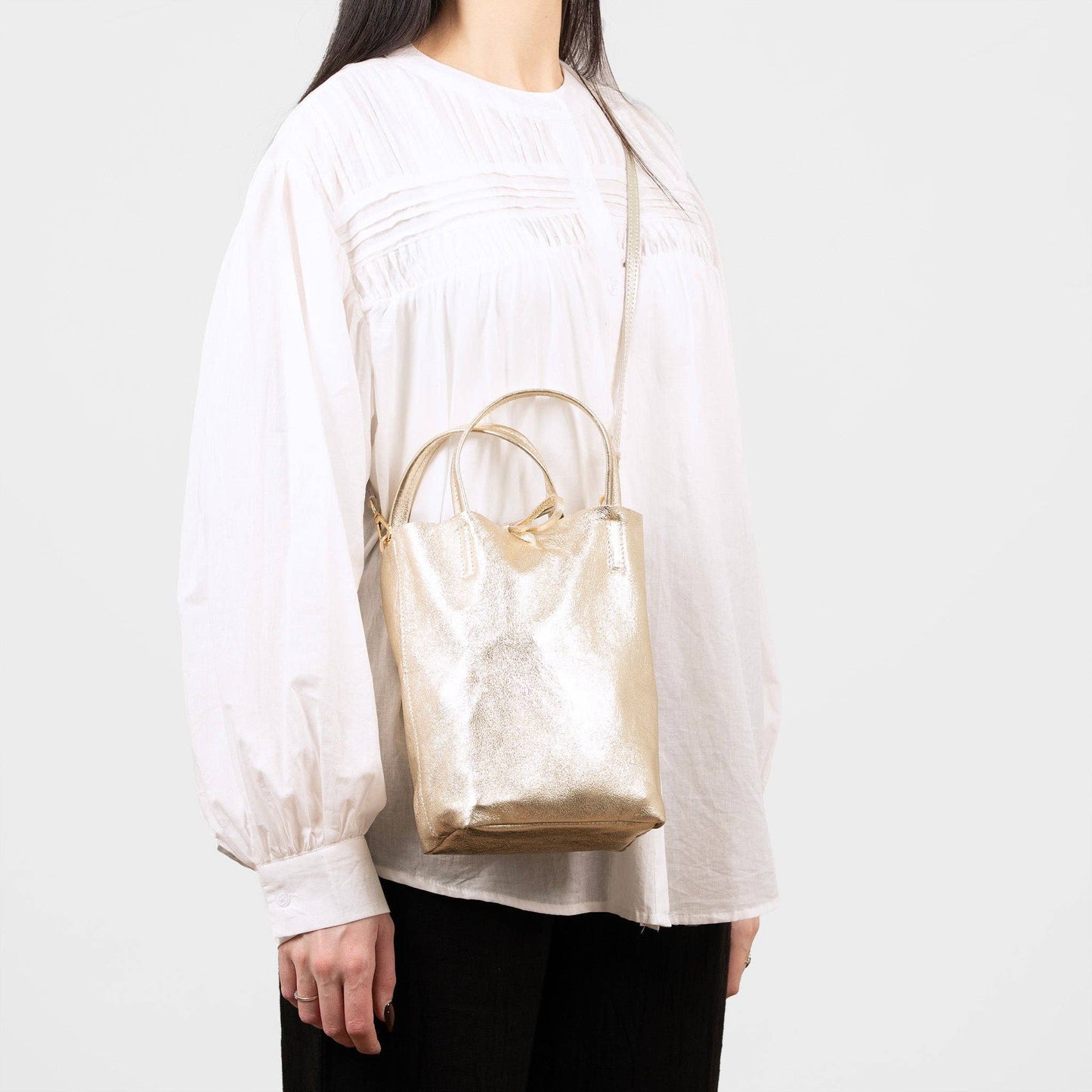 Verona Italian Leather Small Tote Bag - Gold, Metallic