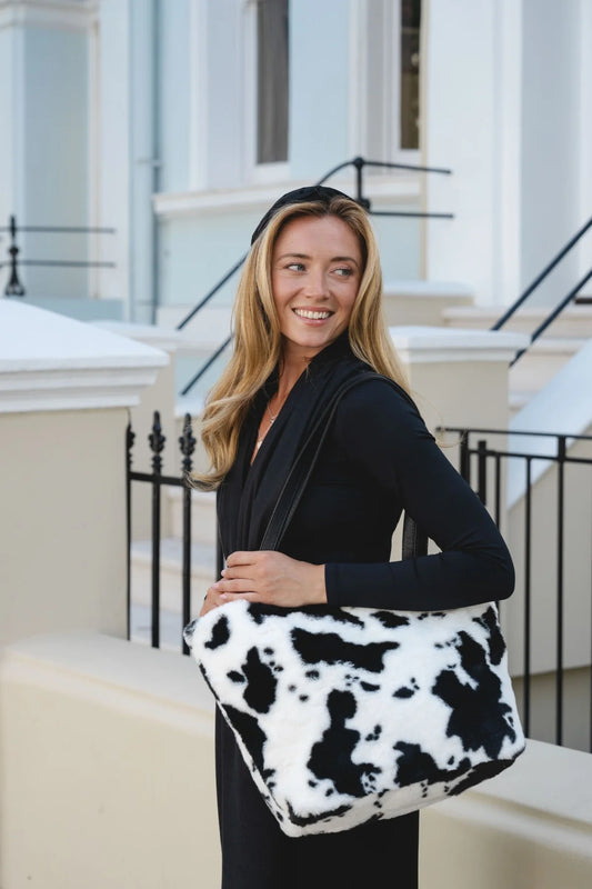 PL - Faux Fur Tote Bag - Black Cow Print