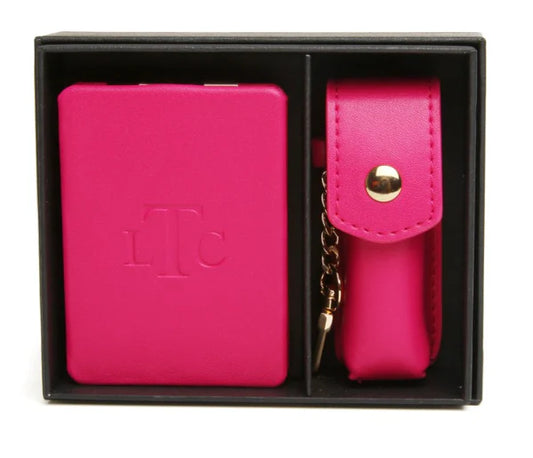 AW - Rectangular Compact Mirror & Lipstick Holder Gift Set - Hot Pink
