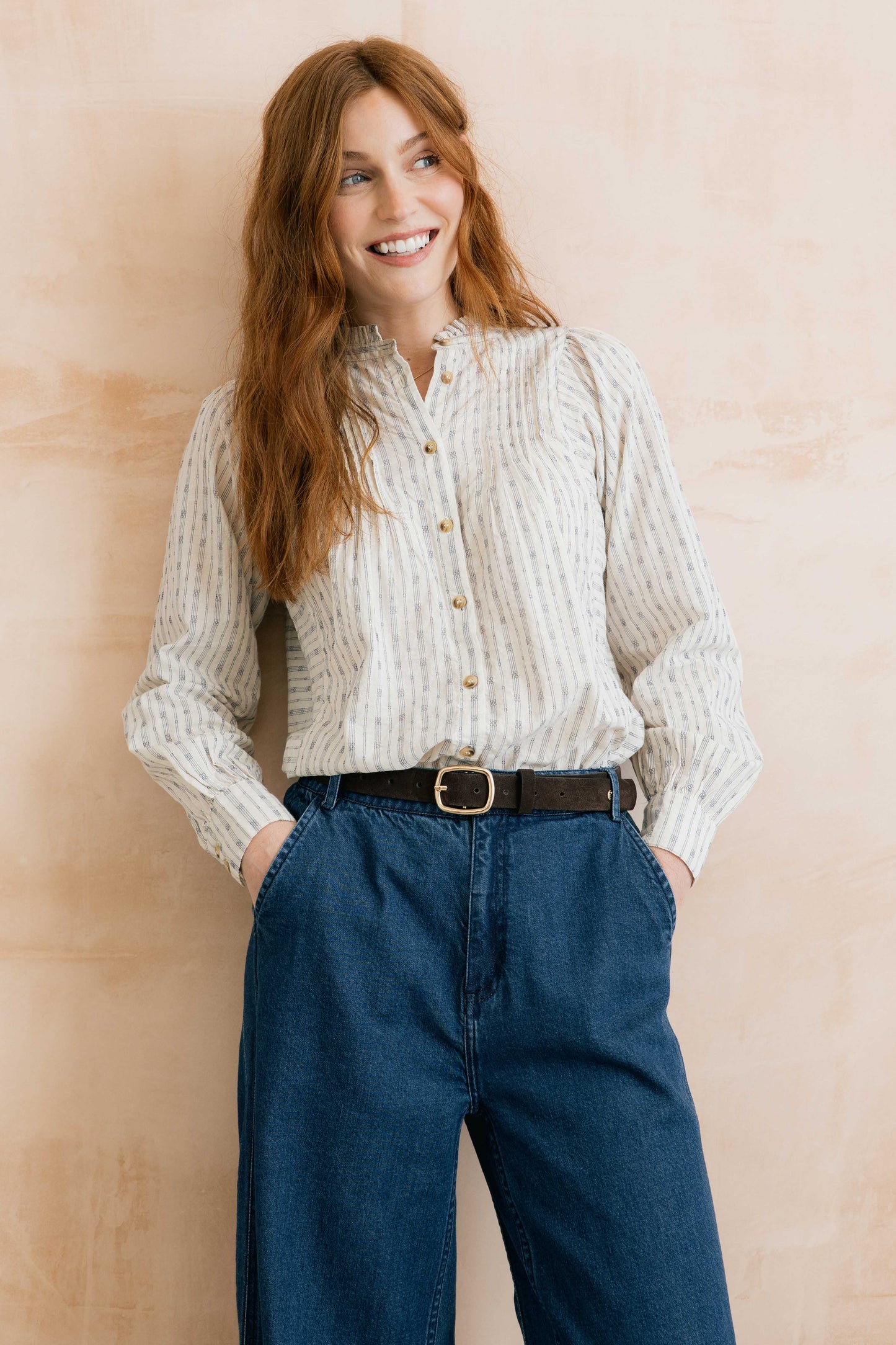 Lily & Me Flora Embroidered Stripe Blouse – Navy/Ecru