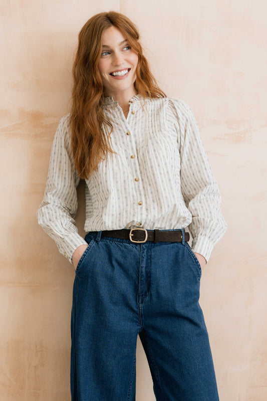 Lily & Me Flora Embroidered Stripe Blouse – Navy/Ecru