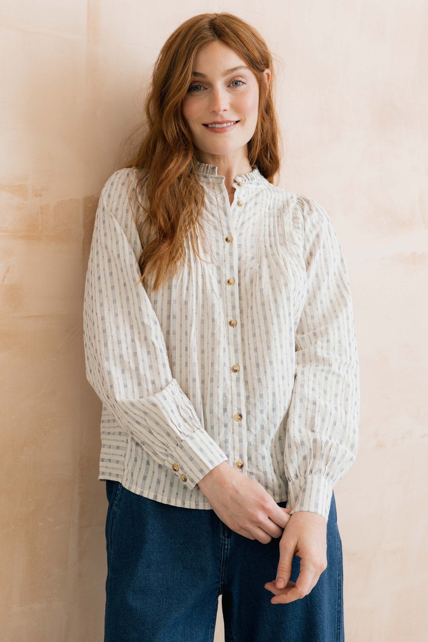 Lily & Me Flora Embroidered Stripe Blouse – Navy/Ecru
