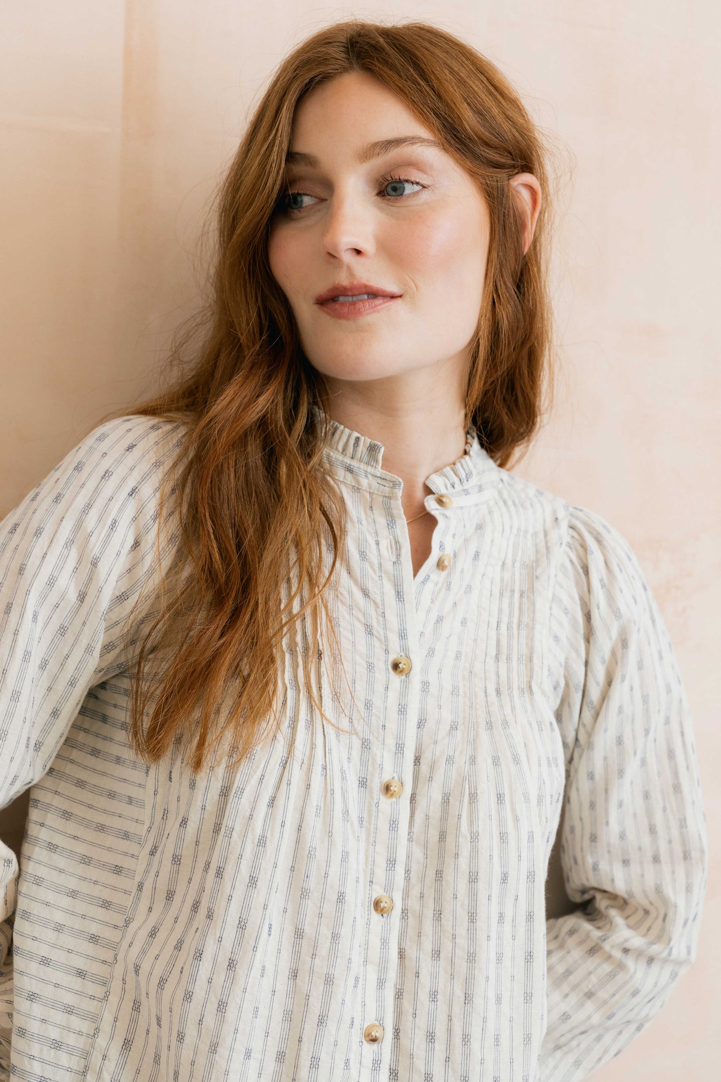 Lily & Me Flora Embroidered Stripe Blouse – Navy/Ecru