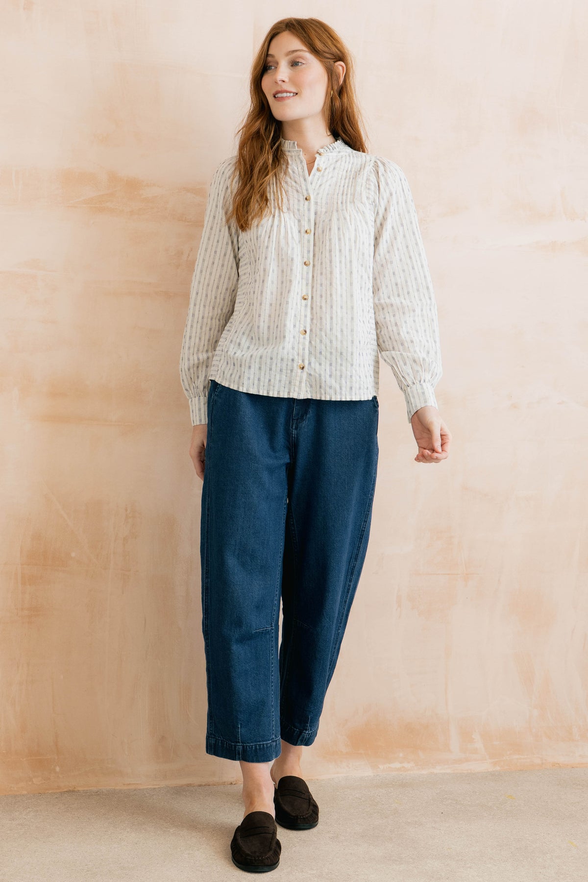 Lily & Me Flora Embroidered Stripe Blouse – Navy/Ecru