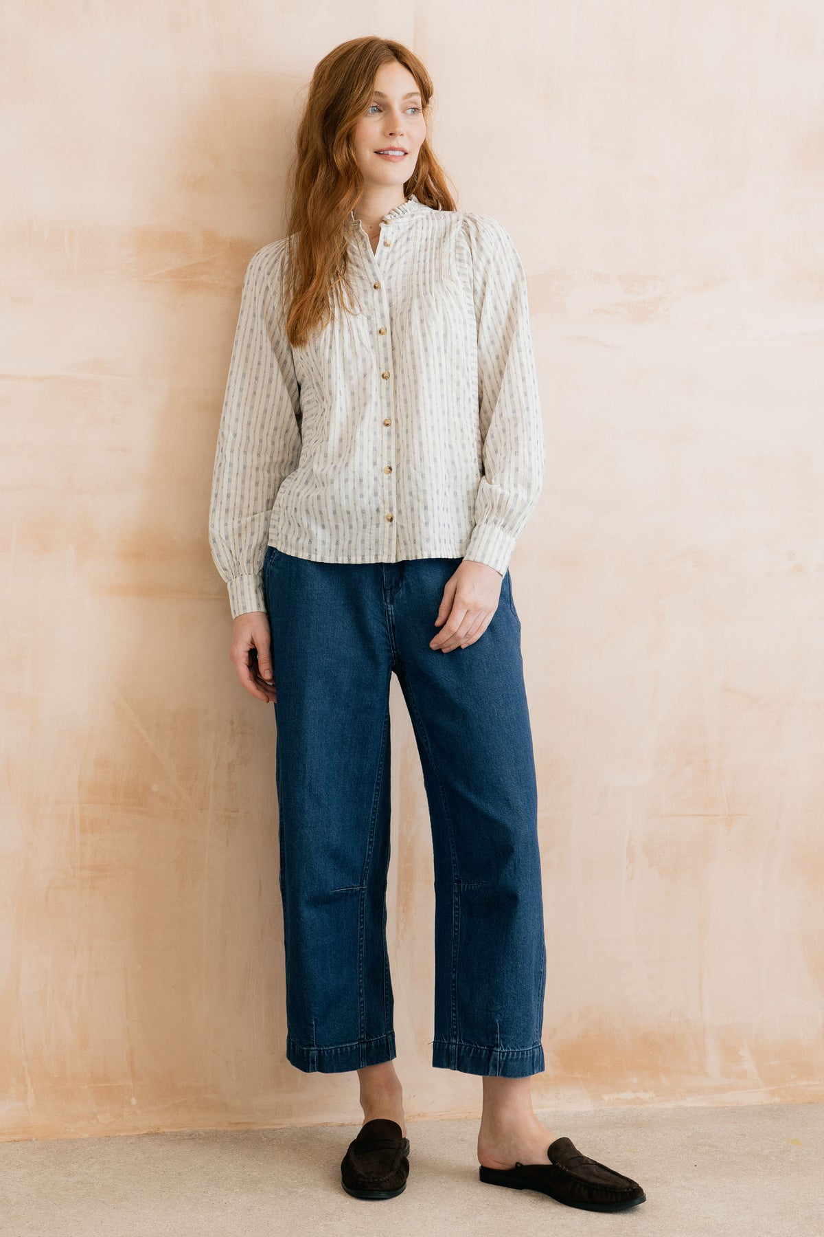 Lily & Me Flora Embroidered Stripe Blouse – Navy/Ecru