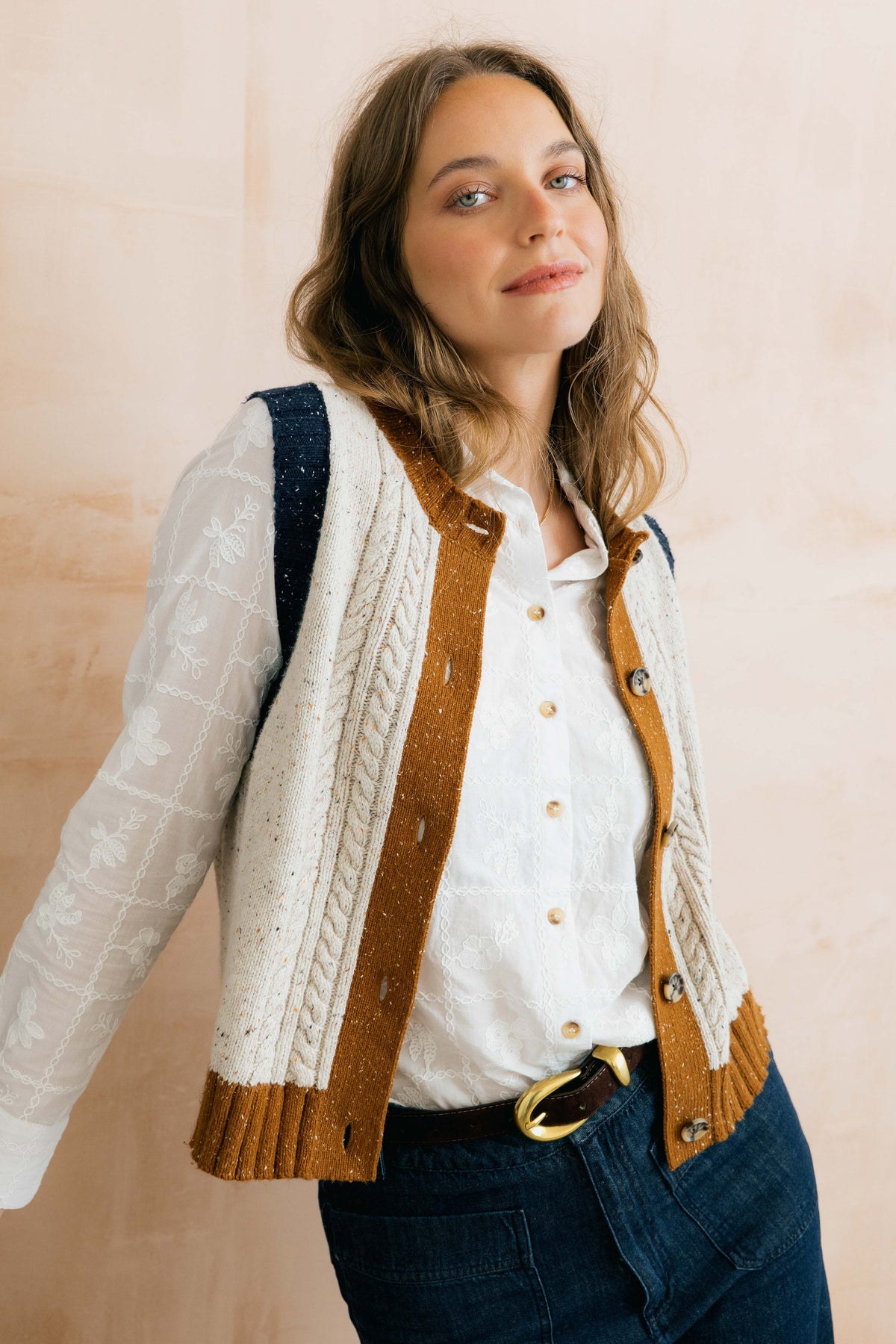 Lily & Me Grove Colour Block Knitted Waistcoat - Ecru