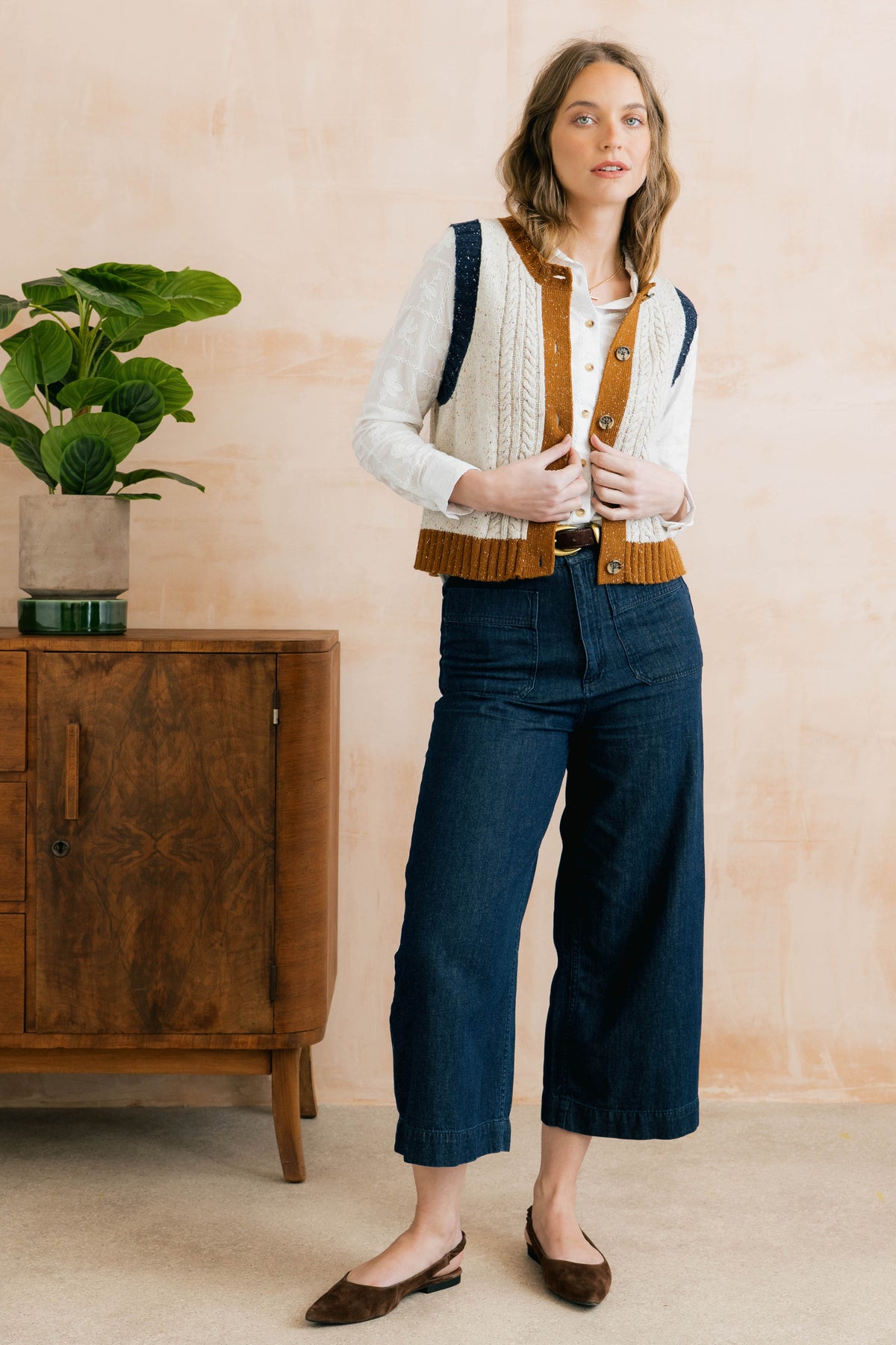 Lily & Me Grove Colour Block Knitted Waistcoat - Ecru