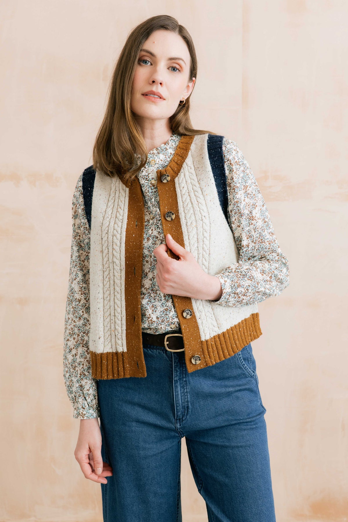 Lily & Me Grove Colour Block Knitted Waistcoat - Ecru