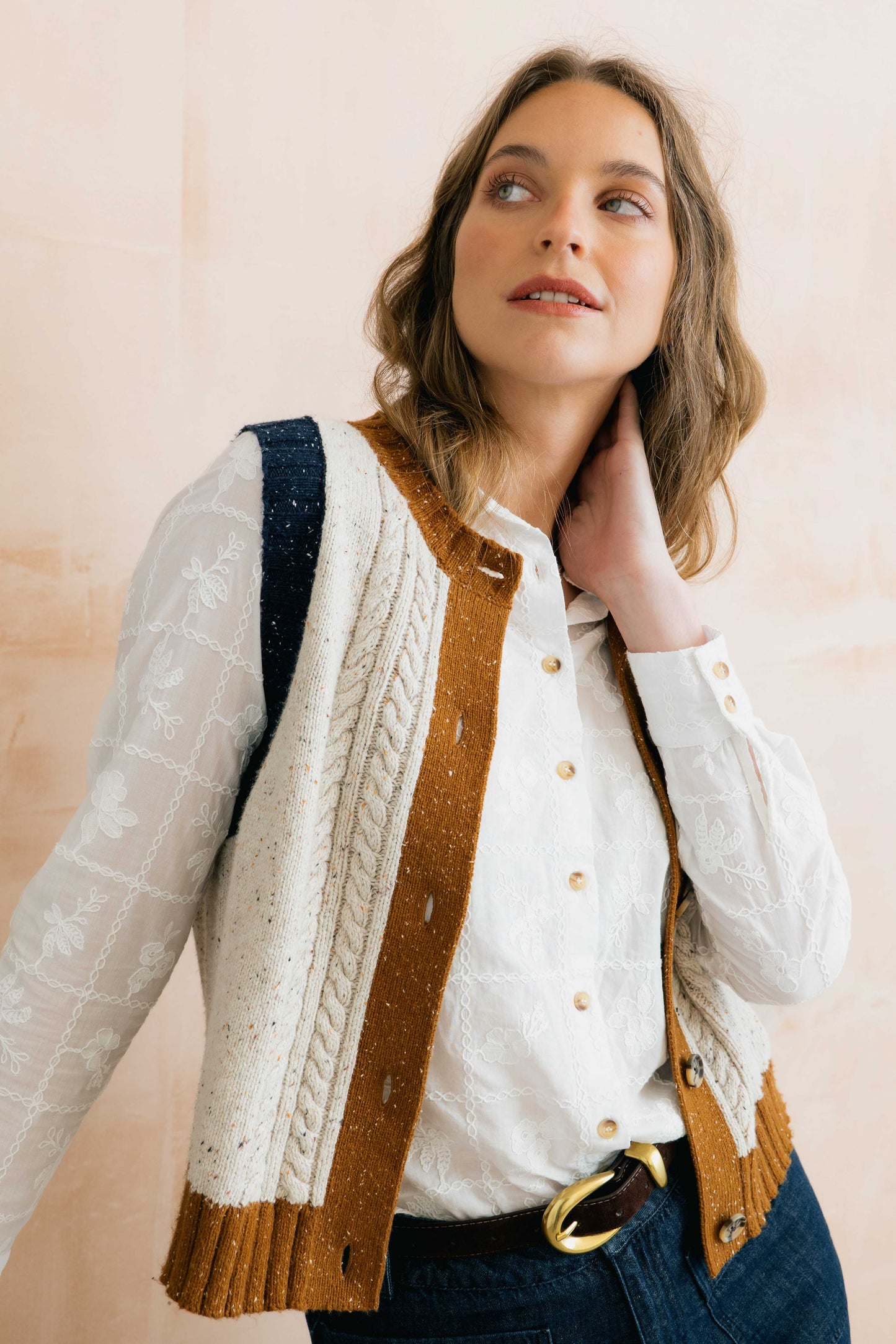 Lily & Me Grove Colour Block Knitted Waistcoat - Ecru