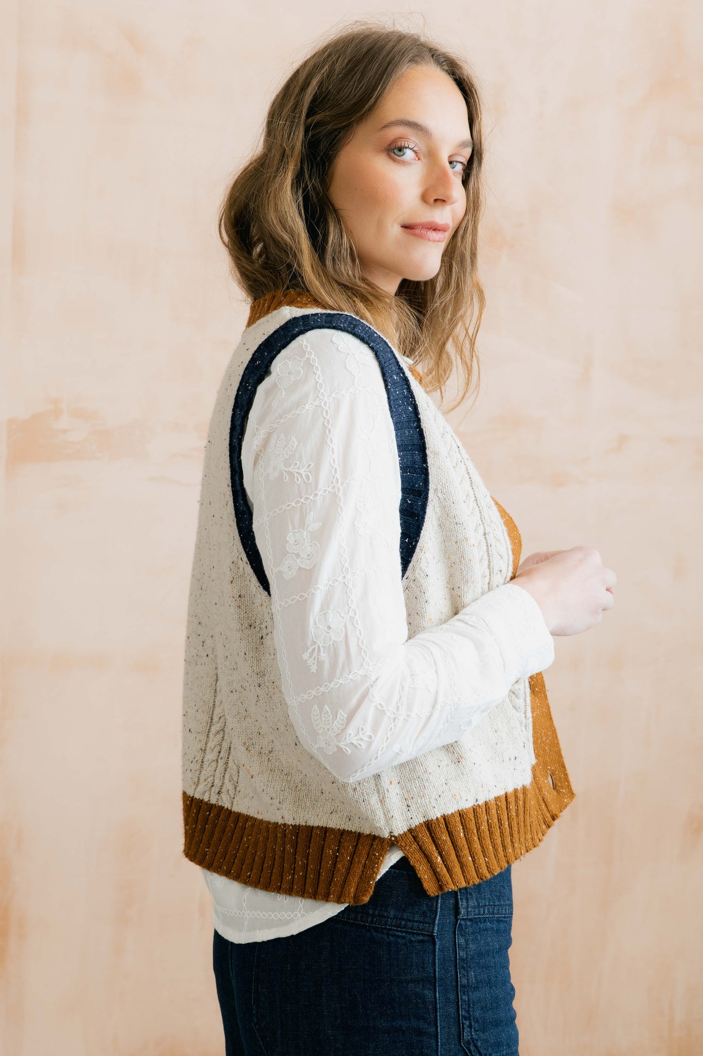 Lily & Me Grove Colour Block Knitted Waistcoat - Ecru