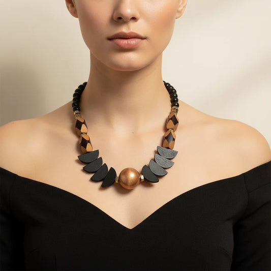 Statement necklace, Hematite, painted wood and acrylic