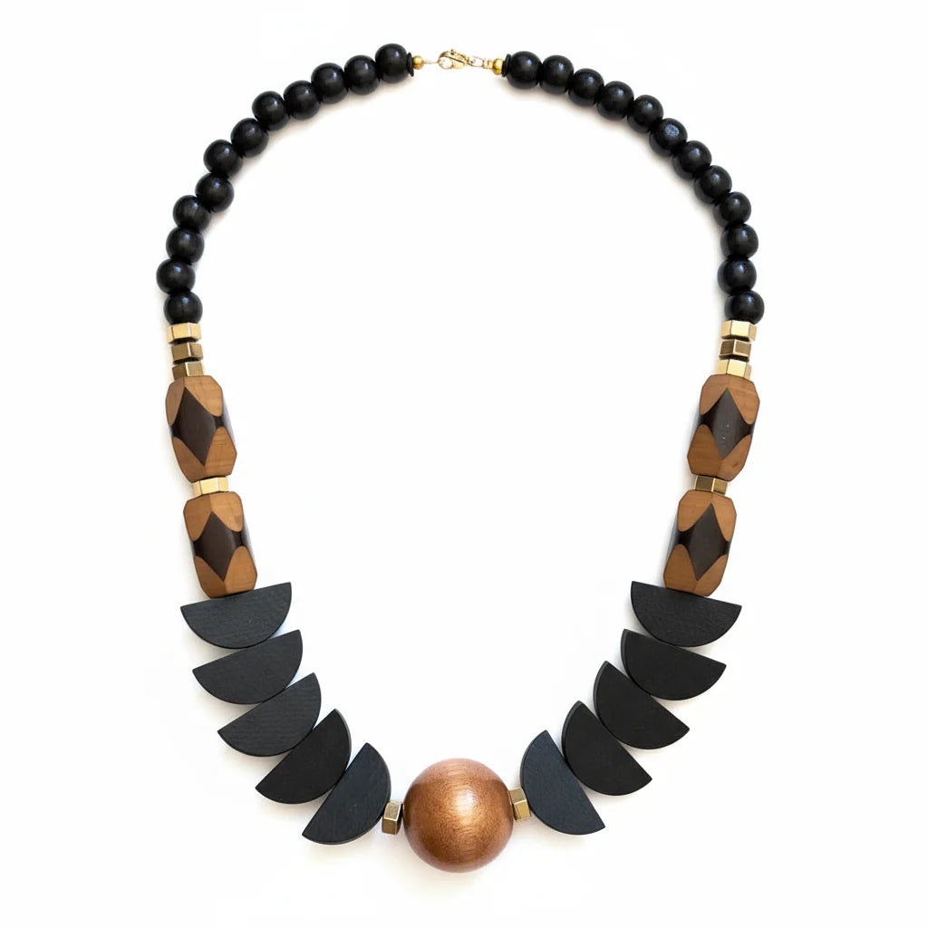 Statement necklace, Hematite, painted wood and acrylic