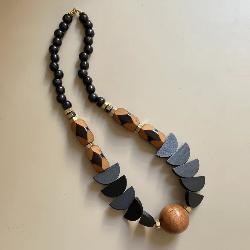 Statement necklace, Hematite, painted wood and acrylic