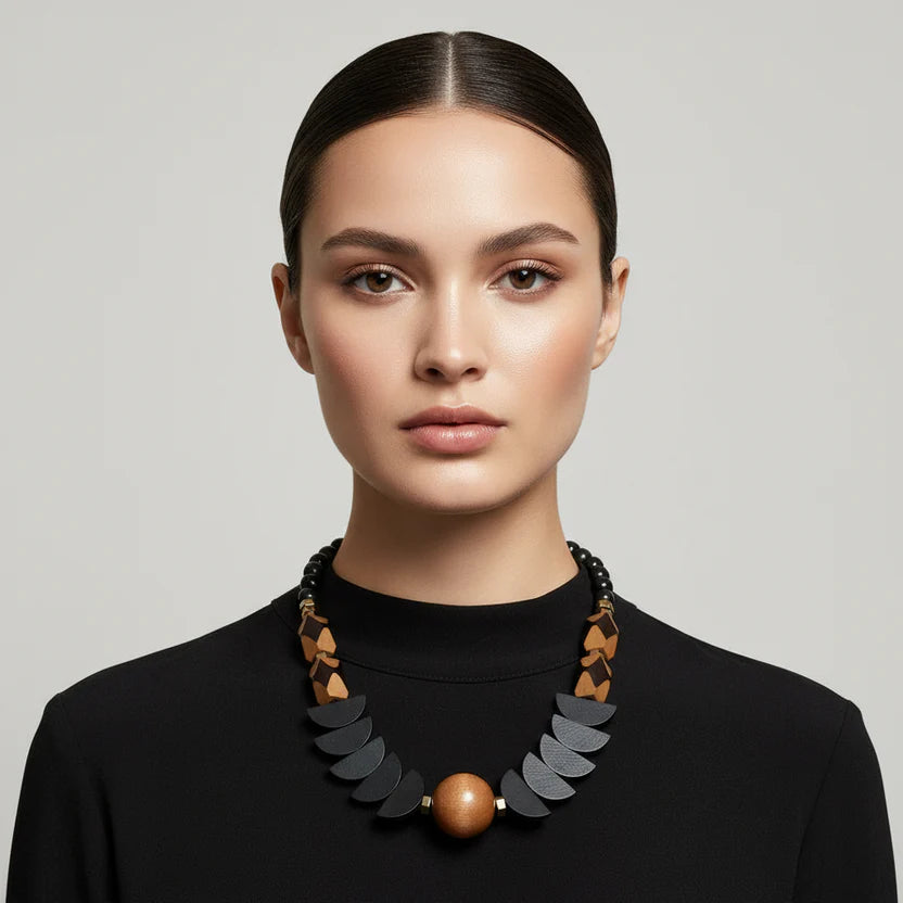 Statement necklace, Hematite, painted wood and acrylic