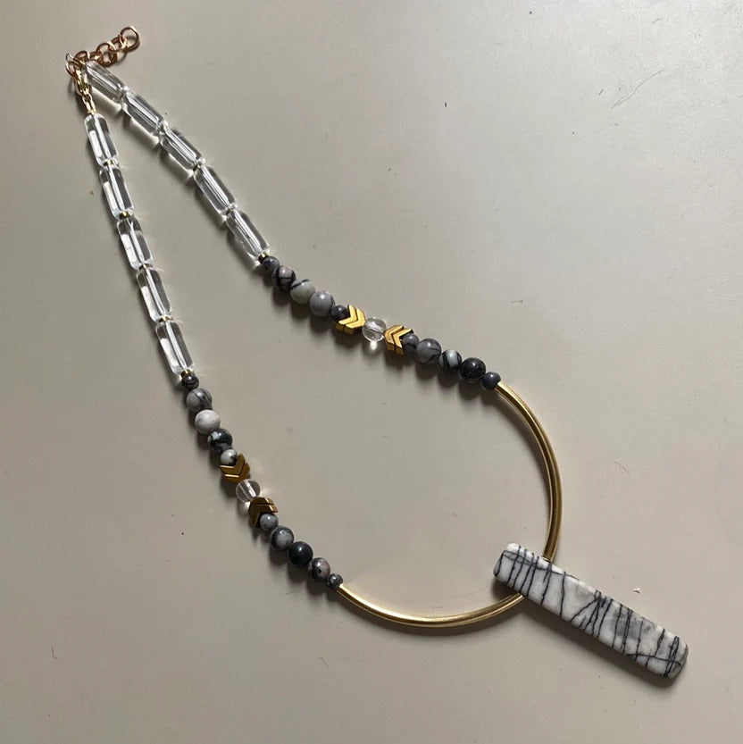 Necklace - Glass, Gold plated Hematite and Natural Black Silk Stone