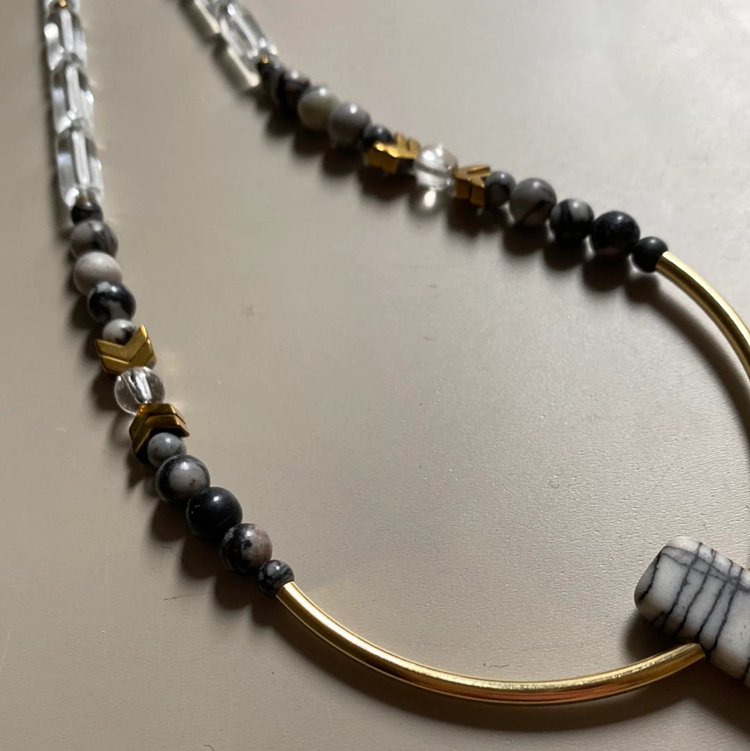 Necklace - Glass, Gold plated Hematite and Natural Black Silk Stone