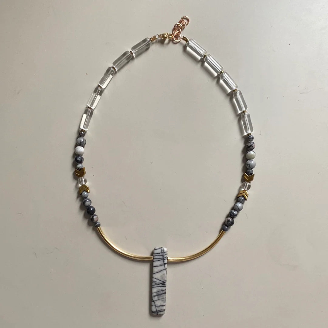 Necklace - Glass, Gold plated Hematite and Natural Black Silk Stone