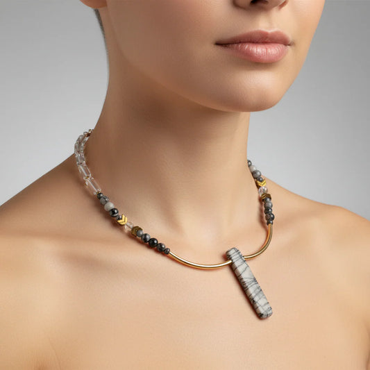 Necklace - Glass, Gold plated Hematite and Natural Black Silk Stone