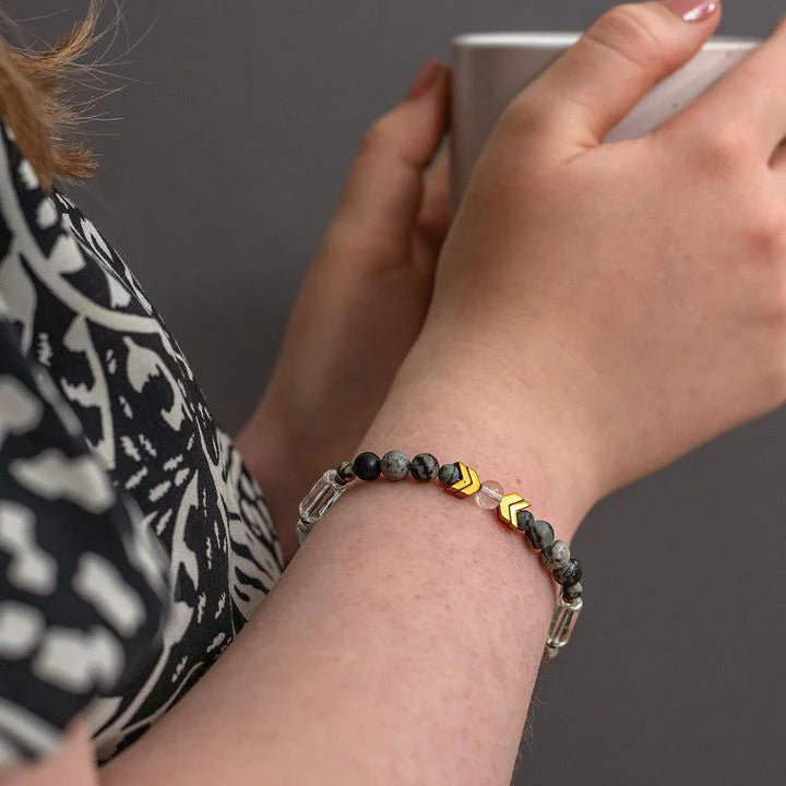Bracelet - Glass, Gold plated Hematite and Natural Black Silk Stone
