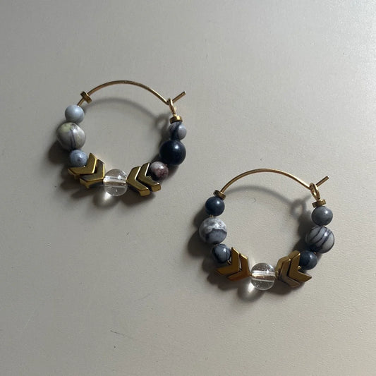 Hoop Earrings - Glass, Gold plated Hematite and Natural Black Silk Stone