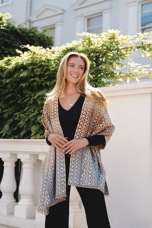 PL - Geometric Print Scarf - Blue, Beige, Brown