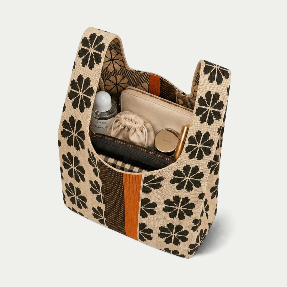 Tokeii - Floral Knitted BagTote Bag - Beige/Brown/Orange