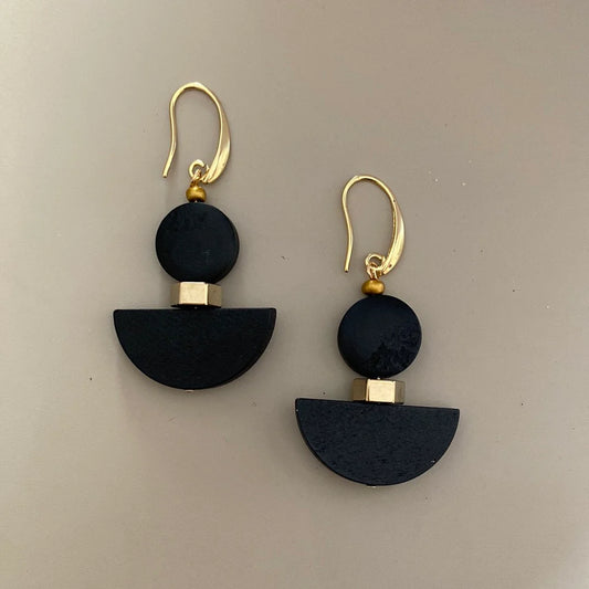 Lightweight statement earrings, painted wood and gold plated hematite