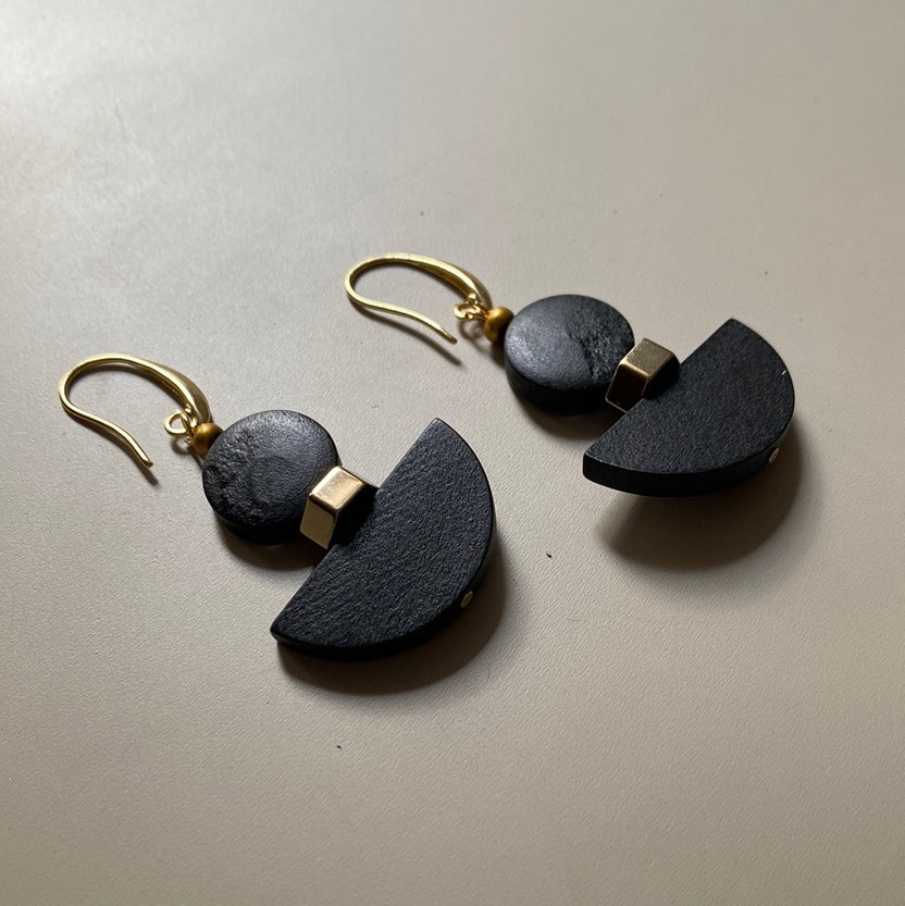 Lightweight statement earrings, painted wood and gold plated hematite